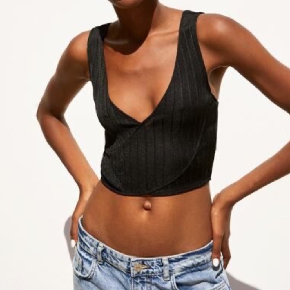 Zara Black Textured Weave Cropped Top